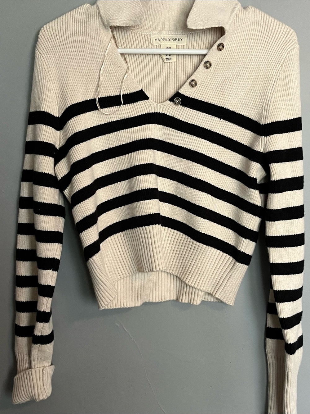 Happily Grey Women's Cream and Black Striped V-Neck Sweater